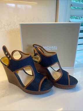 Michael Kors Dark Denim and Brown Trim Wedge Sandals